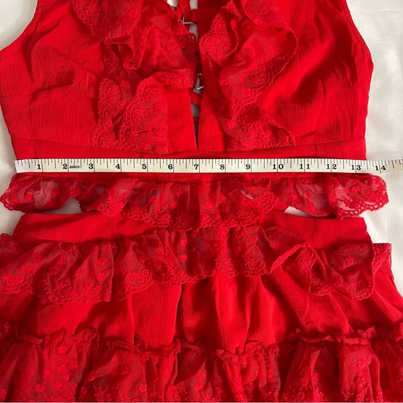 Red V-neckline lace ruffle crisscross back cutout dress - Picture 11 of 13